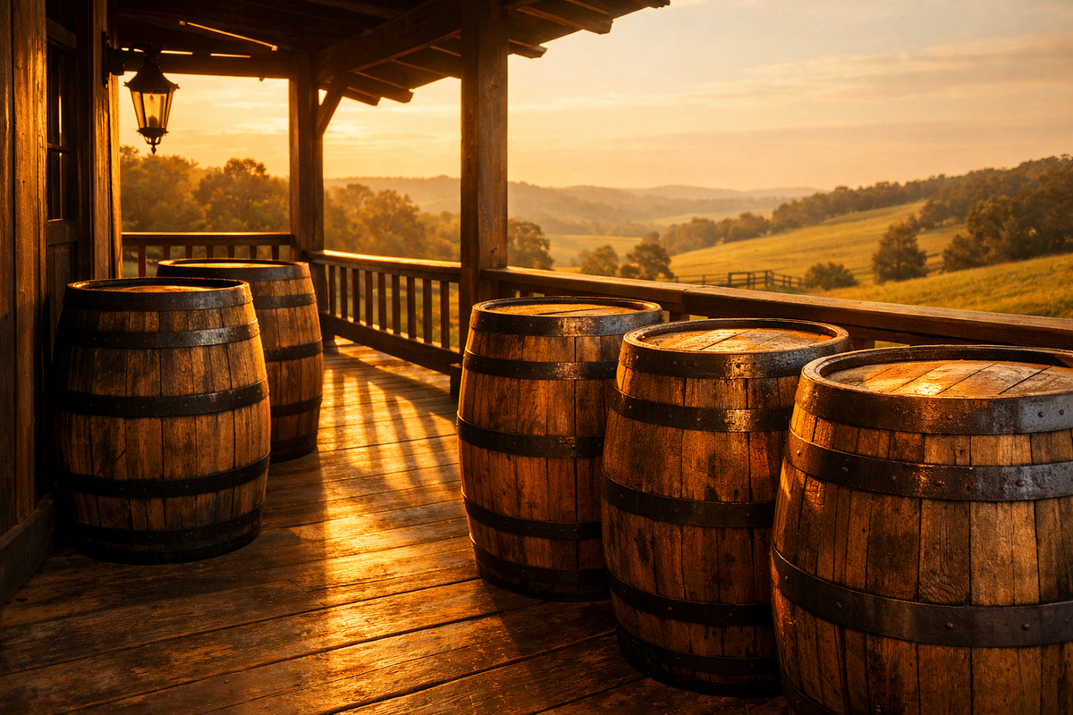 Wooden barrels on a wooden deck with a scenic view of hills and trees during sunset.