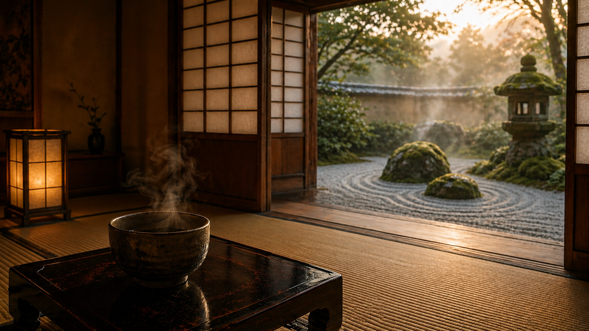 Traditional Japanese room with a tea bowl and lantern, leading to a garden.