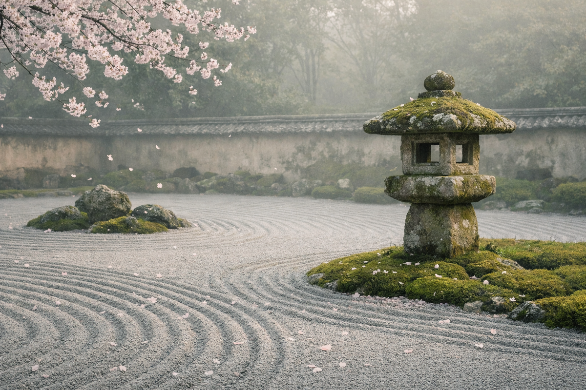 Stone lantern in a Japanese garden with cherry blossoms and raked gravel.