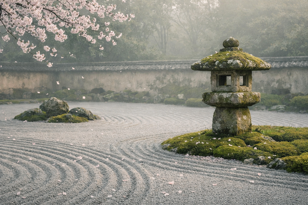 Stone lantern in a Japanese garden with cherry blossoms and raked gravel.