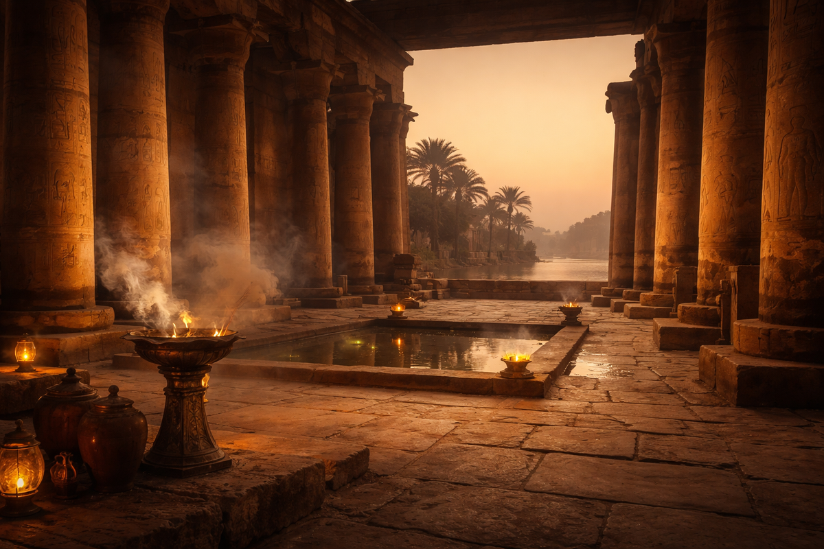 Ancient temple with columns and a pool, bathed in warm light.