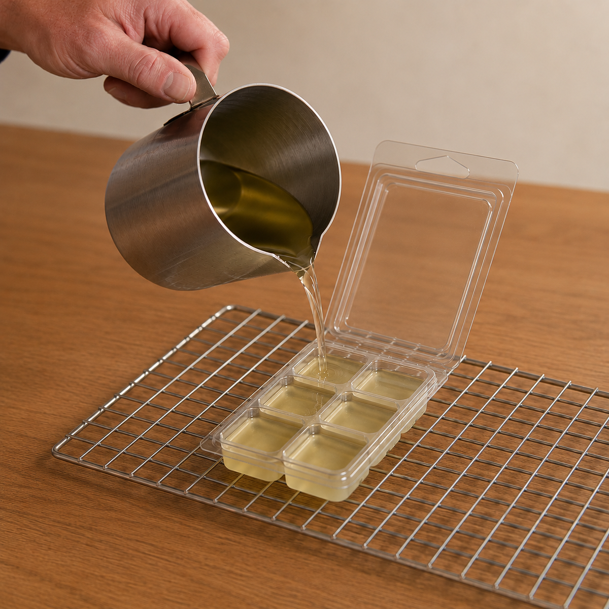 Hand pouring liquid wax into a clamshell mold on a cooling rack