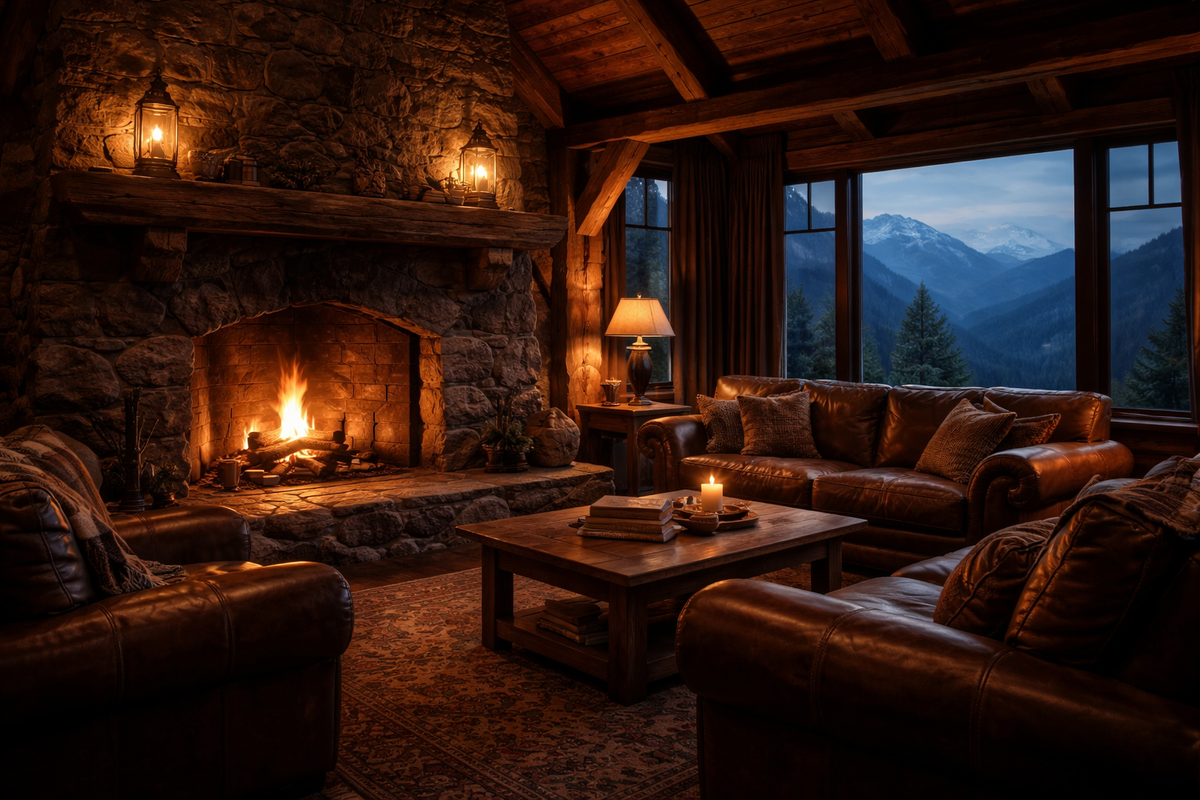 Cozy living room with stone fireplace, leather couches, and mountain view.