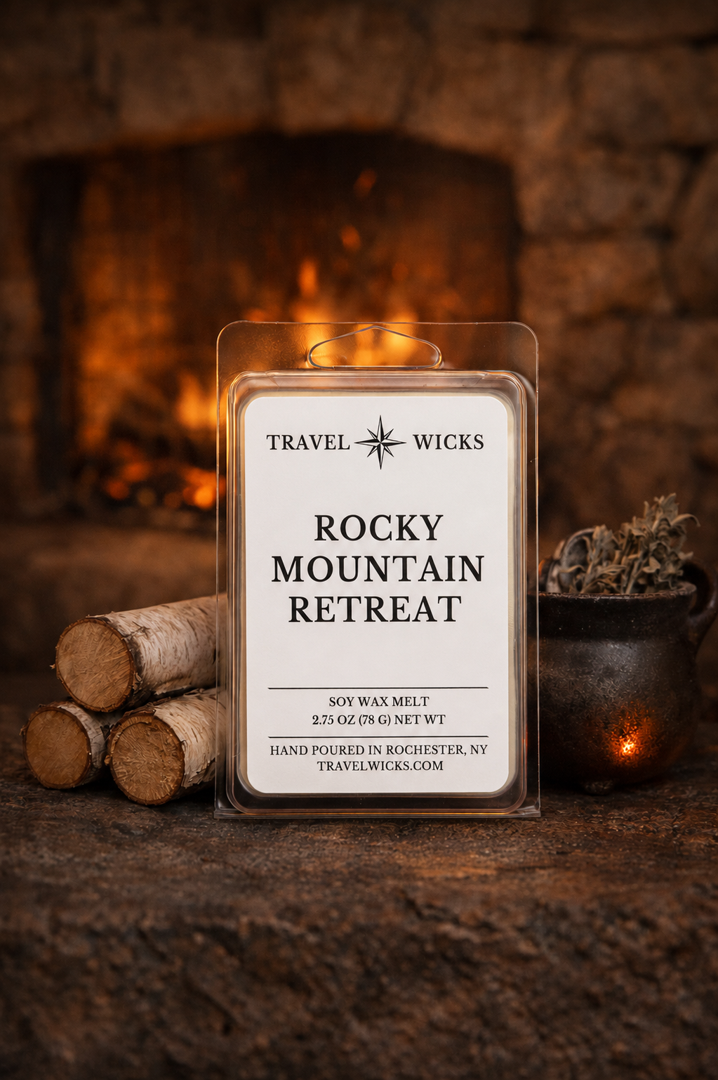 Travel Wicks Rocky Mountain Retreat wax melt packaging with a fireplace in the background