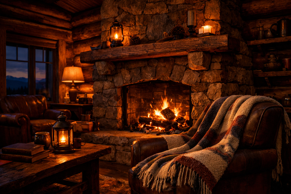 Cozy living room with stone fireplace, wooden furniture, and warm lighting.