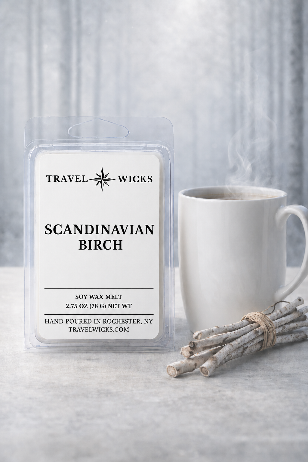 Travel wicks packaging labeled 'Scandinavian Birch' next to a white mug and wooden sticks on a light background
