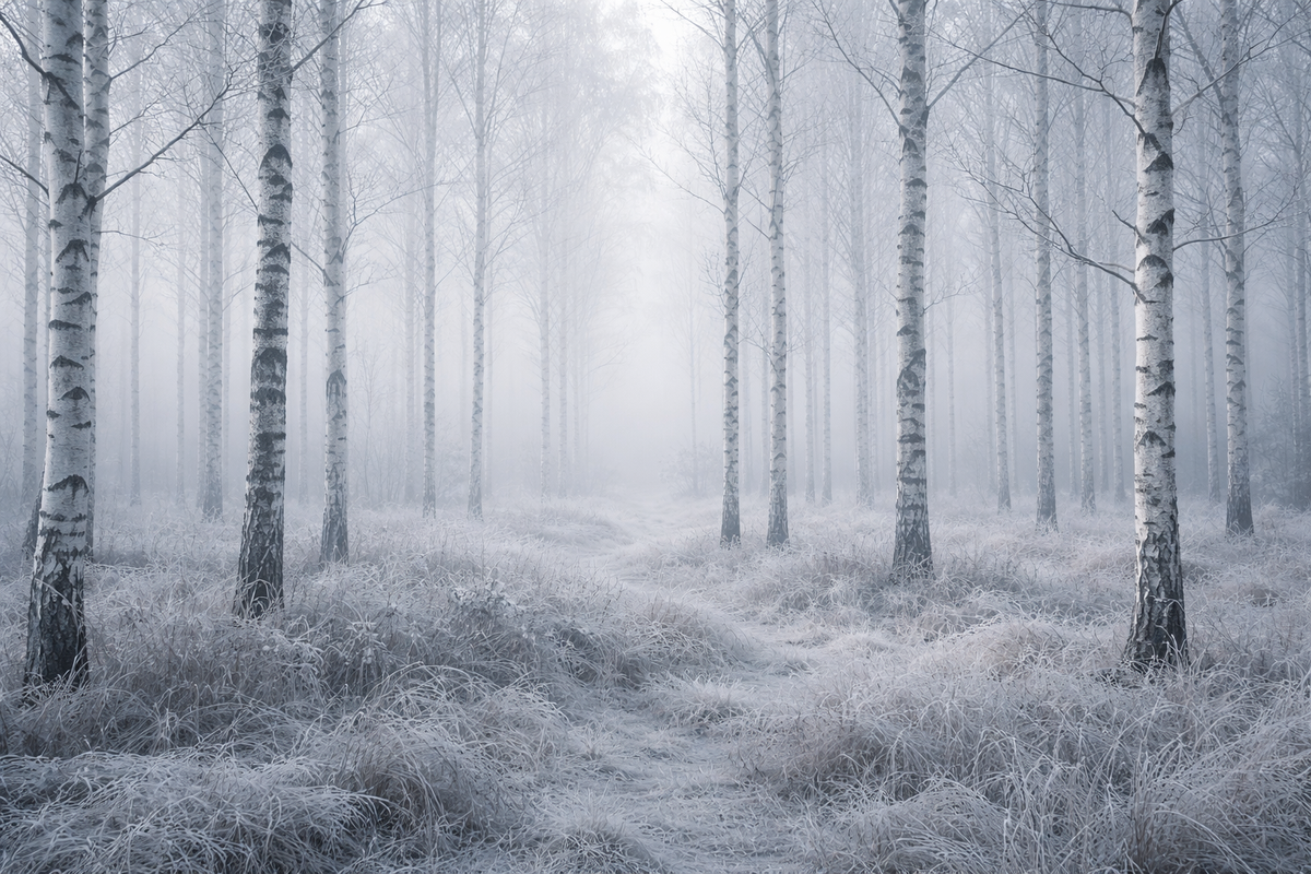 Misty forest with birch trees and foggy atmosphere