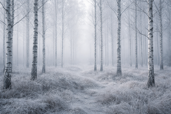 Misty forest with birch trees and foggy atmosphere