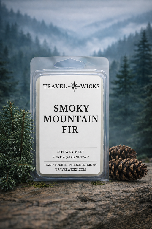 Travel Wicks Smoky Mountain Fir wax melt packaging with a forest background