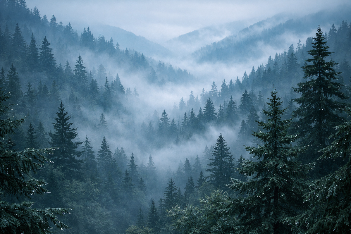 Misty forest with coniferous trees in a mountainous area