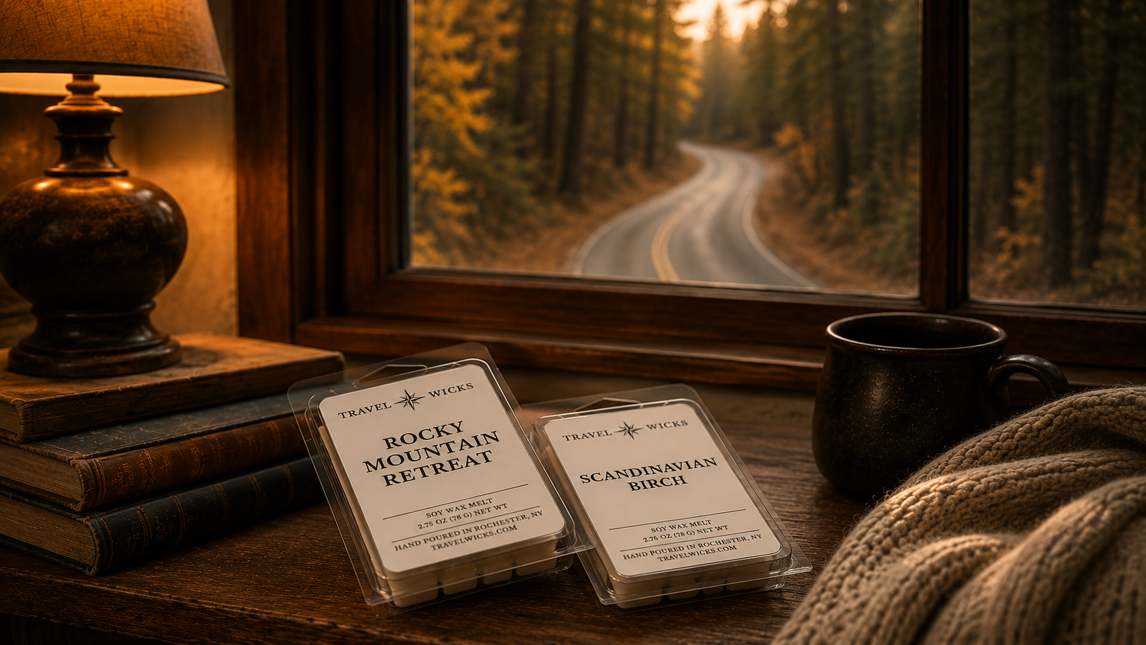 Travel Wicks wax melts by a window overlooking a forest road