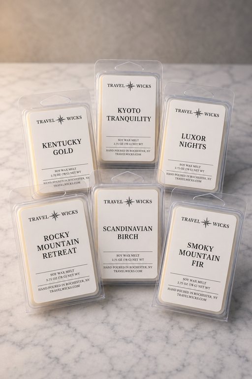 Collection of Travel Wicks wax melts on a marble surface